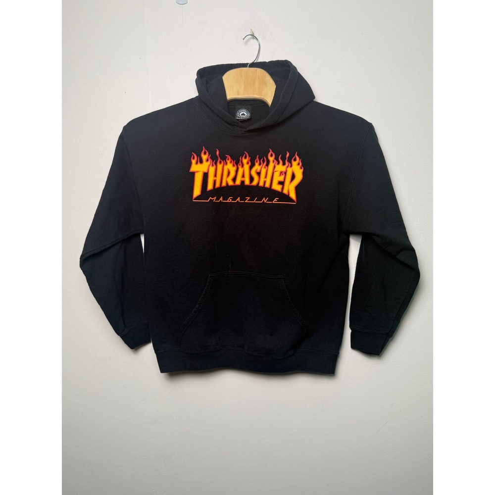 Thrasher Flame Logo Hoodie Black Mens Large Skater Pullover Sweatshirt